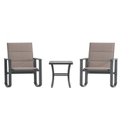 Brazos 3 Piece Outdoor Rocking Chair Bistro Set with Flex Comfort Material and Steel Framed Glass Top Table, Brown/Black, FV-FSC-2315-BRN-GG