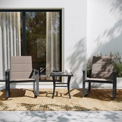 Brazos 3 Piece Outdoor Rocking Chair Bistro Set with Flex Comfort Material and Steel Framed Glass Top Table, Brown/Black, FV-FSC-2315-BRN-GG
