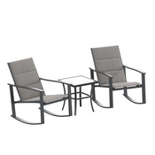 Brazos 3 Piece Outdoor Rocking Chair Bistro Set with Flex Comfort Material and Steel Framed Glass Top Table, Gray/Black, FV-FSC-2315-GRY-GG
