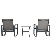 Brazos 3 Piece Outdoor Rocking Chair Bistro Set with Flex Comfort Material and Steel Framed Glass Top Table, Gray/Black, FV-FSC-2315-GRY-GG