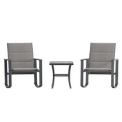 Brazos 3 Piece Outdoor Rocking Chair Bistro Set with Flex Comfort Material and Steel Framed Glass Top Table, Gray/Black, FV-FSC-2315-GRY-GG