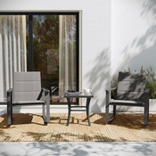 Brazos 3 Piece Outdoor Rocking Chair Bistro Set with Flex Comfort Material and Steel Framed Glass Top Table, Gray/Black, FV-FSC-2315-GRY-GG