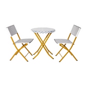 Rouen Three Piece Commercial Grade Foldable French Bistro Set, Indoor/Outdoor PE Rattan Back, Seat and Table Top, Navy/White with Natural Steel Frames, FV-FWA085-NVY-WHT-GG
