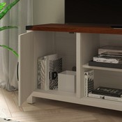 Ayrith Modern Farmhouse Barn Door TV Stand in White for TV's up to 65 Inches - 59 Inch Entertainment Center with Adjustable Shelf, GC-MBLK67-WH-GG
