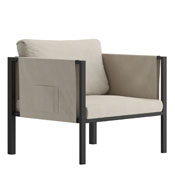 Lea Indoor/Outdoor Patio Chair with Cushions - Modern Steel Framed Chair with Storage Pockets, Black with Beige Cushions, GM-201108-1S-GY-GG