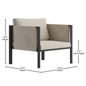 Lea Indoor/Outdoor Patio Chair with Cushions - Modern Steel Framed Chair with Storage Pockets, Black with Beige Cushions, GM-201108-1S-GY-GG