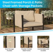 Lea Indoor/Outdoor Patio Chair with Cushions - Modern Steel Framed Chair with Storage Pockets, Black with Beige Cushions, GM-201108-1S-GY-GG
