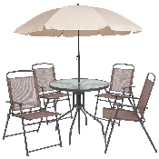 Nantucket 6 Piece Brown Patio Garden Set with Table, Tan Umbrella and 4 Folding Chairs, GM-202012-BRN-GG