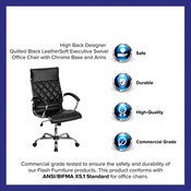 High Back Designer Quilted Black LeatherSoft Executive Swivel Office Chair with Chrome Base and Arms, GO-1297H-HIGH-BK-GG