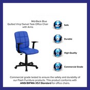 Mid-Back Blue Quilted Vinyl Swivel Task Office Chair with Arms, GO-1691-1-BLUE-A-GG