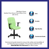 Mid-Back Green Quilted Vinyl Swivel Task Office Chair with Arms, GO-1691-1-GREEN-A-GG