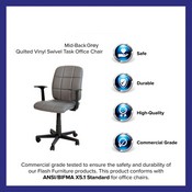 Mid-Back Gray Quilted Vinyl Swivel Task Office Chair with Arms, GO-1691-1-GY-A-GG