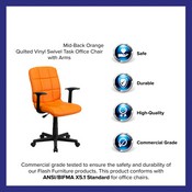 Mid-Back Orange Quilted Vinyl Swivel Task Office Chair with Arms, GO-1691-1-ORG-A-GG