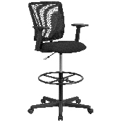 Ergonomic Mid-Back Mesh Drafting Chair with Black Fabric Seat, Adjustable Foot Ring and Adjustable Arms, GO-2100-A-GG