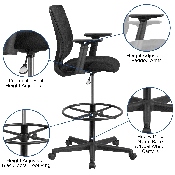 Ergonomic Mid-Back Mesh Drafting Chair with Black Fabric Seat, Adjustable Foot Ring and Adjustable Arms, GO-2100-A-GG