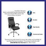 High Back Designer Black LeatherSoft Smooth Upholstered Executive Swivel Office Chair with Chrome Base and Arms, GO-2192-BK-GG