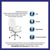 High Back Designer White LeatherSoft Smooth Upholstered Executive Swivel Office Chair with Chrome Base and Arms, GO-2192-WH-GG