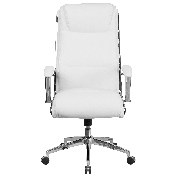 High Back Designer White LeatherSoft Smooth Upholstered Executive Swivel Office Chair with Chrome Base and Arms, GO-2192-WH-GG