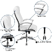 High Back Designer White LeatherSoft Smooth Upholstered Executive Swivel Office Chair with Chrome Base and Arms, GO-2192-WH-GG