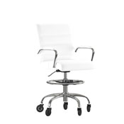 Lexi Mid-Back White LeatherSoft Drafting Chair with Adjustable Foot Ring, Chrome Base, and Transparent Roller Wheels, GO-2286B-WH-RLB-GG