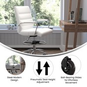 Lexi Mid-Back White LeatherSoft Drafting Chair with Adjustable Foot Ring, Chrome Base, and Transparent Roller Wheels, GO-2286B-WH-RLB-GG