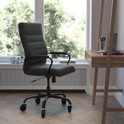 Whitney High Back Black LeatherSoft Executive Swivel Office Chair with Black Frame, Arms, and Transparent Roller Wheels, GO-2286H-BK-BK-RLB-GG