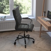 Whitney High Back Black LeatherSoft Executive Swivel Office Chair with Black Frame, Arms, and Transparent Roller Wheels, GO-2286H-BK-BK-RLB-GG