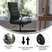 Whitney High Back Black LeatherSoft Executive Swivel Office Chair with Black Frame, Arms, and Transparent Roller Wheels, GO-2286H-BK-BK-RLB-GG