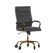 Whitney High Back Black LeatherSoft Executive Swivel Office Chair with Gold Frame, Arms, and Transparent Roller Wheels, GO-2286H-BK-GLD-RLB-GG