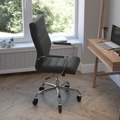 Whitney High Back Black LeatherSoft Executive Swivel Office Chair with Chrome Frame, Arms, and Transparent Roller Wheels, GO-2286H-BK-RLB-GG