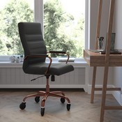 Whitney High Back Black LeatherSoft Executive Swivel Office Chair with Rose Gold Frame, Arms, and Transparent Roller Wheels, GO-2286H-BK-RSGLD-RLB-GG