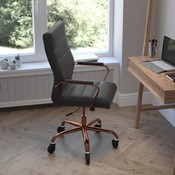 Whitney High Back Black LeatherSoft Executive Swivel Office Chair with Rose Gold Frame, Arms, and Transparent Roller Wheels, GO-2286H-BK-RSGLD-RLB-GG