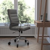 Whitney High Back Gray LeatherSoft Executive Swivel Office Chair with Chrome Frame, Arms, and Transparent Roller Wheels, GO-2286H-GR-RLB-GG