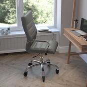 Whitney High Back Gray LeatherSoft Executive Swivel Office Chair with Chrome Frame, Arms, and Transparent Roller Wheels, GO-2286H-GR-RLB-GG