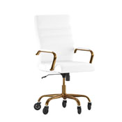 Whitney High Back White LeatherSoft Executive Swivel Office Chair with Gold Frame, Arms, and Transparent Roller Wheels, GO-2286H-WH-GLD-RLB-GG