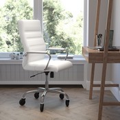 Whitney High Back White LeatherSoft Executive Swivel Office Chair with Chrome Frame, Arms, and Transparent Roller Wheels, GO-2286H-WH-RLB-GG