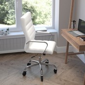 Whitney High Back White LeatherSoft Executive Swivel Office Chair with Chrome Frame, Arms, and Transparent Roller Wheels, GO-2286H-WH-RLB-GG