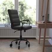 Camilia Mid-Back Black LeatherSoft Executive Swivel Office Chair with Black Frame, Arms, and Transparent Roller Wheels, GO-2286M-BK-BK-RLB-GG