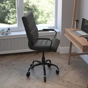 Camilia Mid-Back Black LeatherSoft Executive Swivel Office Chair with Black Frame, Arms, and Transparent Roller Wheels, GO-2286M-BK-BK-RLB-GG