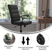 Camilia Mid-Back Black LeatherSoft Executive Swivel Office Chair with Black Frame, Arms, and Transparent Roller Wheels, GO-2286M-BK-BK-RLB-GG