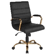 Mid-Back Black LeatherSoft Executive Swivel Office Chair with Gold Frame and Arms, GO-2286M-BK-GLD-GG