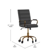 Camilia Mid-Back Black LeatherSoft Executive Swivel Office Chair with Gold Frame, Arms, and Transparent Roller Wheels, GO-2286M-BK-GLD-RLB-GG