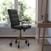Camilia Mid-Back Black LeatherSoft Executive Swivel Office Chair with Gold Frame, Arms, and Transparent Roller Wheels, GO-2286M-BK-GLD-RLB-GG