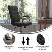 Camilia Mid-Back Black LeatherSoft Executive Swivel Office Chair with Gold Frame, Arms, and Transparent Roller Wheels, GO-2286M-BK-GLD-RLB-GG