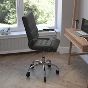 Camilia Mid-Back Black LeatherSoft Executive Swivel Office Chair with Chrome Frame, Arms, and Transparent Roller Wheels, GO-2286M-BK-RLB-GG