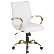 Mid-Back White LeatherSoft Executive Swivel Office Chair with Gold Frame and Arms, GO-2286M-WH-GLD-GG