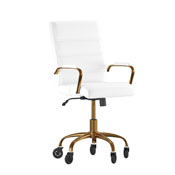 Camilia Mid-Back White LeatherSoft Executive Swivel Office Chair with Gold Frame, Arms, and Transparent Roller Wheels, GO-2286M-WH-GLD-RLB-GG
