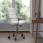 Camilia Mid-Back White LeatherSoft Executive Swivel Office Chair with Gold Frame, Arms, and Transparent Roller Wheels, GO-2286M-WH-GLD-RLB-GG