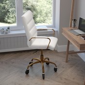 Camilia Mid-Back White LeatherSoft Executive Swivel Office Chair with Gold Frame, Arms, and Transparent Roller Wheels, GO-2286M-WH-GLD-RLB-GG