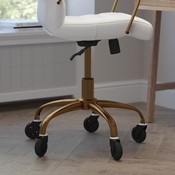 Camilia Mid-Back White LeatherSoft Executive Swivel Office Chair with Gold Frame, Arms, and Transparent Roller Wheels, GO-2286M-WH-GLD-RLB-GG